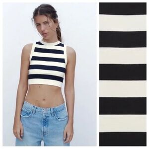 Zara Knit Small Crop Top Tank Top Retro Academia Nautical Striped